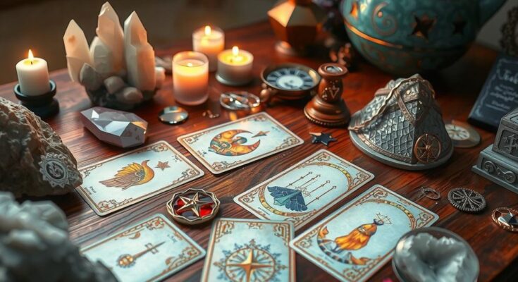 A tarot card spread on a table with astrological symbols, crystals and soft lighting, evoking mystical atmosphere.