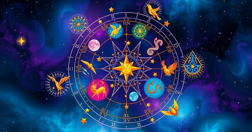 A colourful horoscope chart depicting zodiac signs with celestial symbols against a cosmic backdrop.