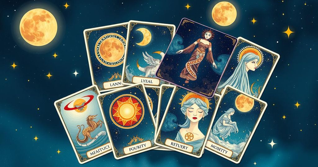 A vibrant tarot card spread with mystical symbols and celestial motifs set against a serene cosmic background.
