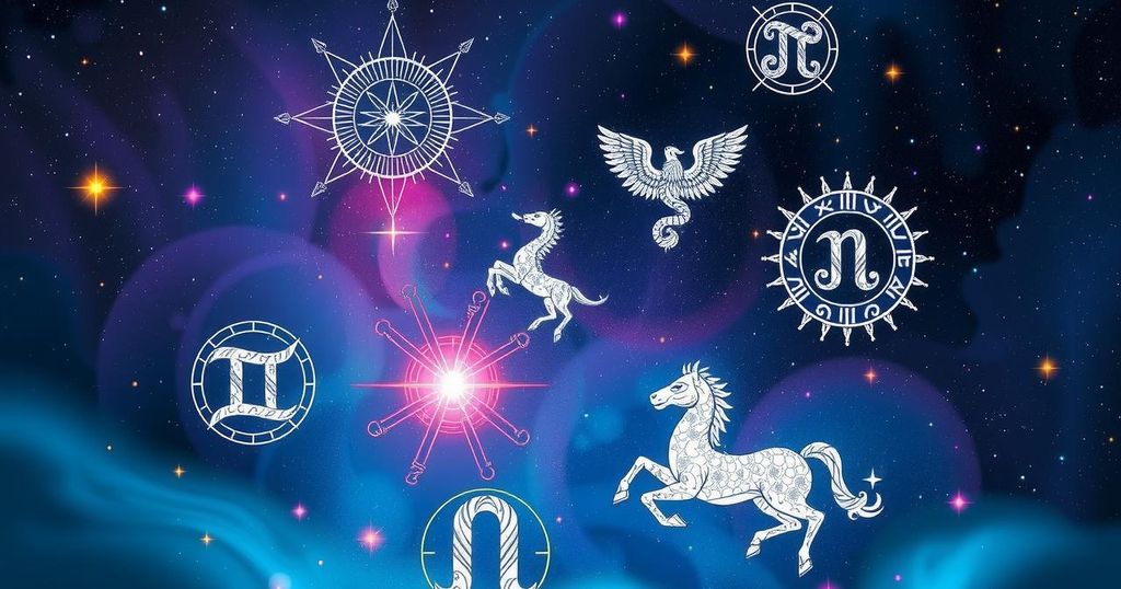 Astrological symbols and zodiac signs arranged on a cosmic background with vibrant colours, conveying horoscopes.
