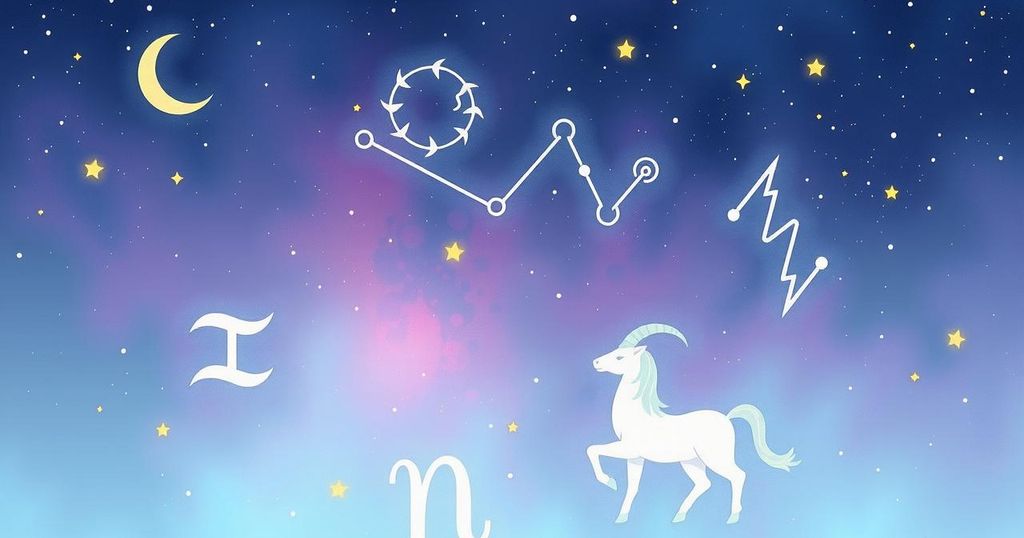 Astrological symbols over a night sky with Capricorn constellation, surrounded by a mystical aura and pastel colours.