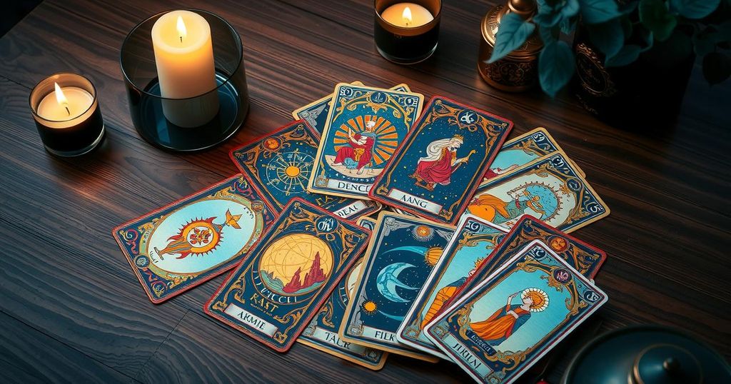 A mystical tarot card spread with symbols and vibrant colours representing zodiac signs and fortunes.