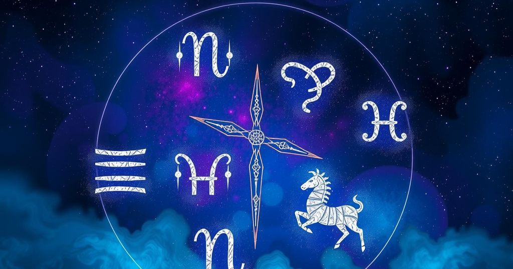 An array of zodiac symbols with a cosmic background in deep blues and purples, evoking celestial themes.