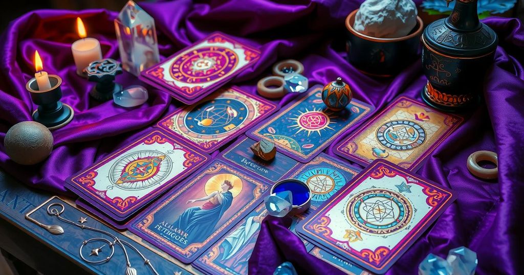 Colorful tarot cards spread featuring astrology symbols and crystals for weekly horoscopes.