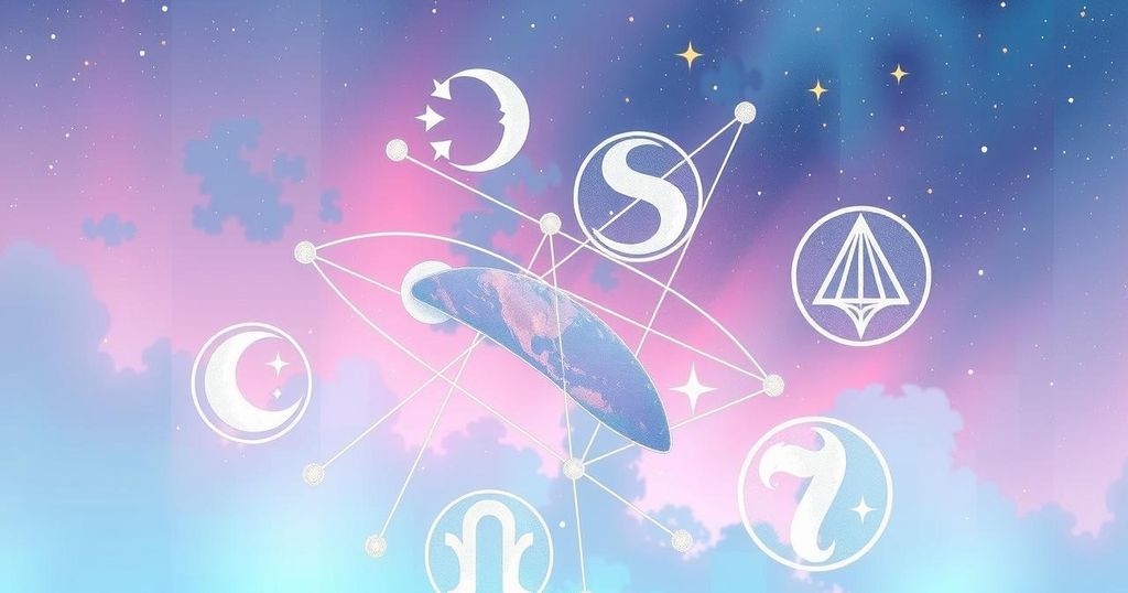 Astrological symbols and celestial constellations in a cosmic scene with soft pastels and deep blues.