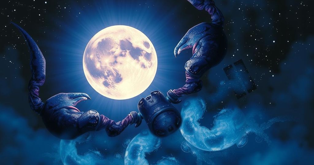 A celestial scene depicting a full moon in Scorpio, surrounded by stars, emphasising transformation and change for zodiac signs.