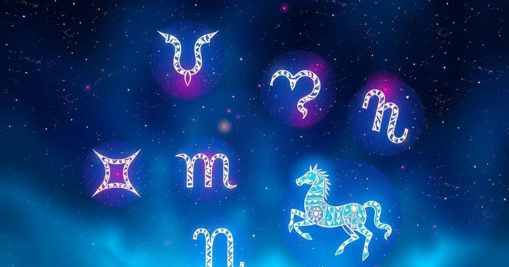 A vibrant astrological theme with zodiac symbols, celestial backgrounds, and mystical elements in rich colour tones.