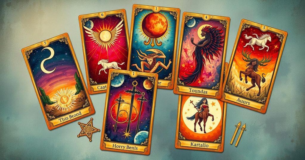 A vibrant tarot card spread depicting astrological signs and their meanings for May 23, 2025.