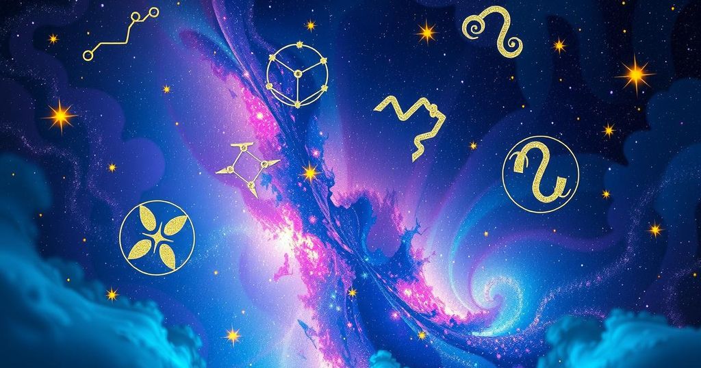 A celestial sky filled with stars and zodiac signs, radiating vibrant colours capturing the essence of astrology.