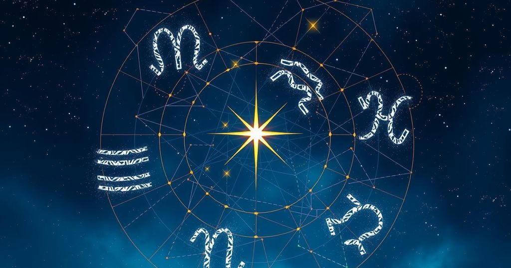 A vibrant cosmic scene with constellations representing astrological signs, surrounding a shining star in a dark sky.