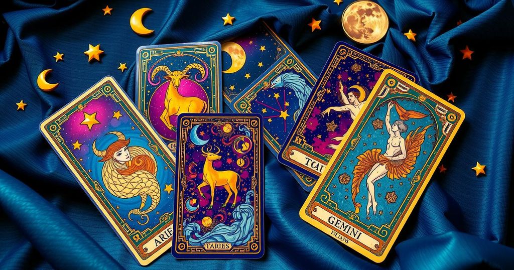 A colourful tarot card spread featuring zodiac symbols and mystical elements, set against a starry background.
