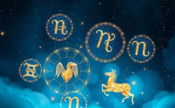 Astrological symbols and cosmic elements representing the zodiac signs in a celestial background.