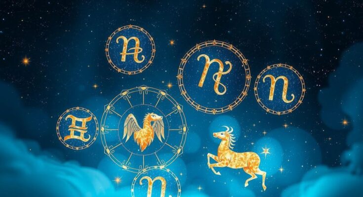 Astrological symbols and cosmic elements representing the zodiac signs in a celestial background.