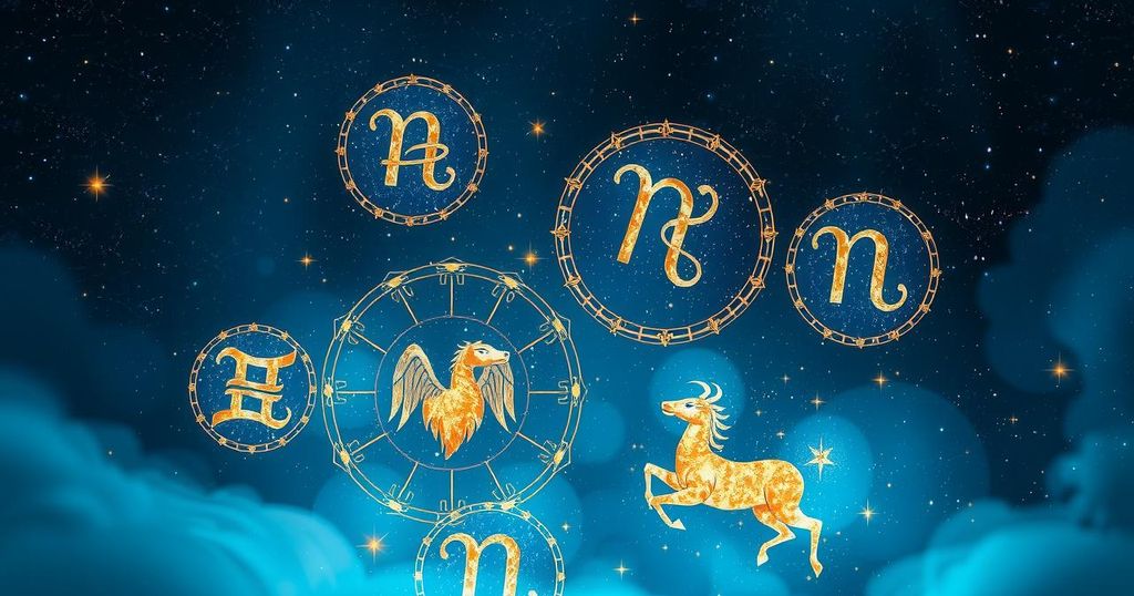 Astrological symbols and cosmic elements representing the zodiac signs in a celestial background.