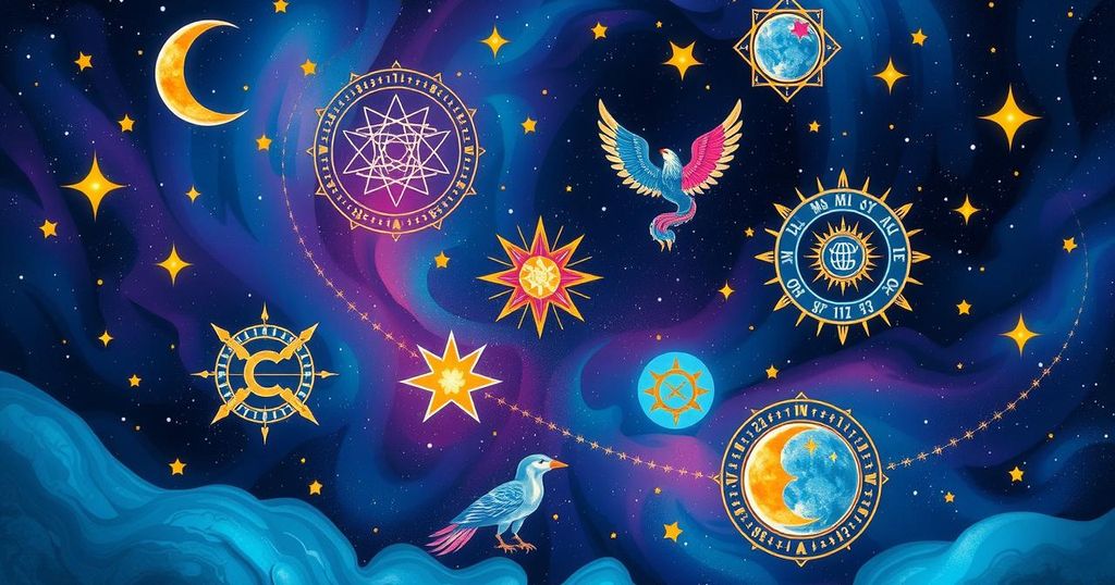 Astrological symbols with cosmic background and vibrant colours representing weekly horoscopes and celestial alignments.