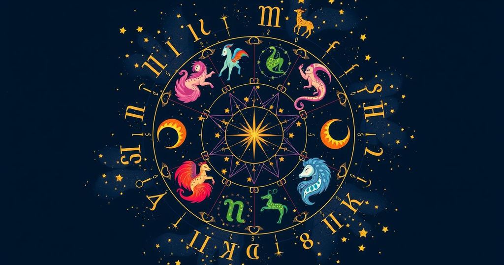 A vibrant zodiac illustration with colourful stars and constellations representing astrological signs.