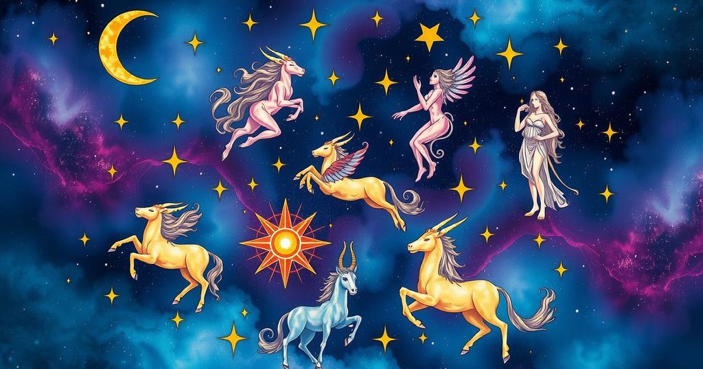 An artistic representation of zodiac signs with vibrant colours, depicting celestial themes and mystical elements.