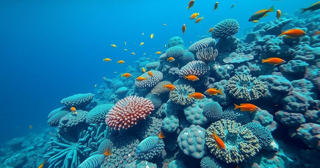 A serene underwater scene featuring a colourful coral reef and playful fish, evoking a sense of peace and attraction.