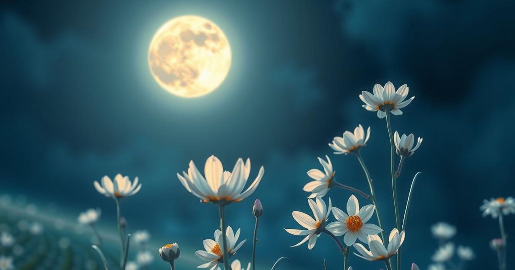 A serene night sky illuminated by a full flower moon among blooming flowers, symbolising love and beauty.