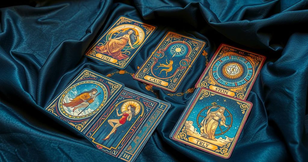 A vibrant tarot card spread featuring symbols for zodiac signs, in a mystical style with deep blues and golds.