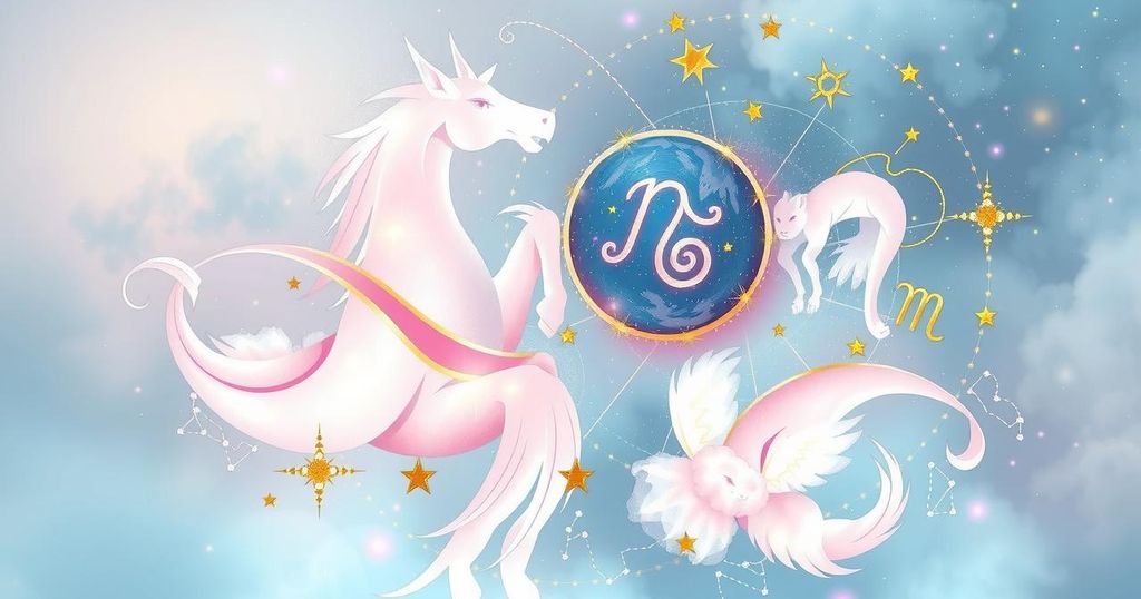 A celestial scene depicting zodiac symbols, constellations, and astrological themes in pastel colours.