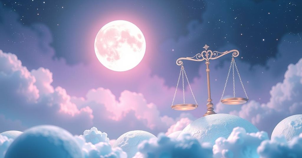 A celestial scene depicting zodiac symbols under a Libra Moon, with soft pastel colours enhancing the cosmic energy.