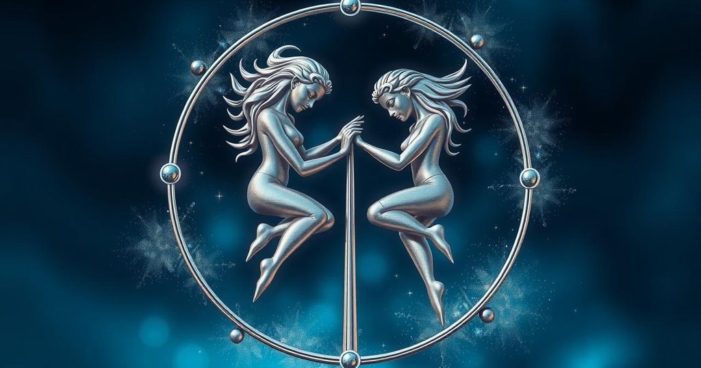 A contemplative artwork of a cosmic symbol representing Gemini traits, with silver and deep blue tones, depicting duality.