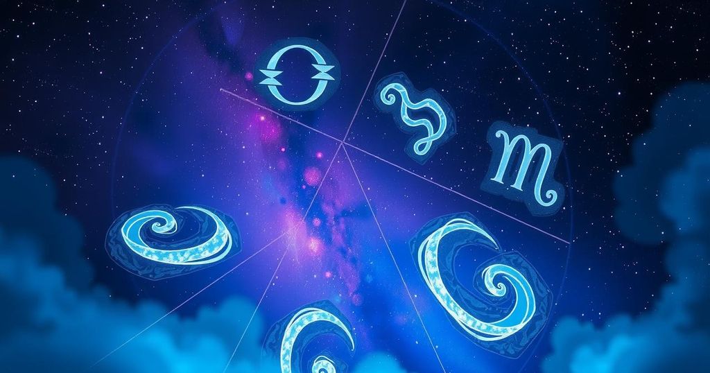 Astrological symbols against a cosmic backdrop with constellations, hues of blue and purple for a mystical effect.