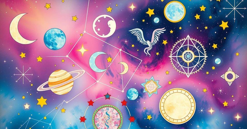 Astrology horoscope symbols with a cosmic background in soft pastels and celestial patterns.
