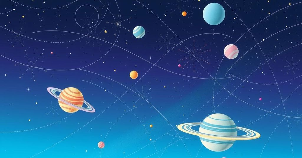 A calming celestial scene with stars, planets, and a soft gradient of soothing blues and purples, depicting a horoscope theme.