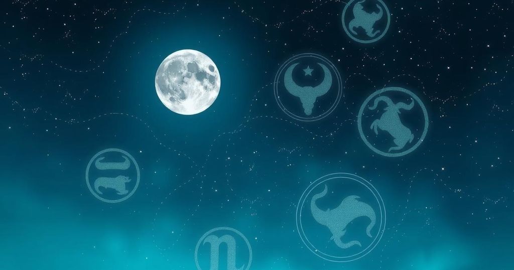 Astrology symbols with Taurus moon on a calming starry night, featuring soft blues and greens.