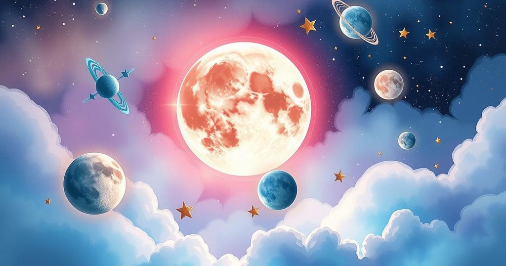 A cosmic scene with a vibrant New Moon, stars, and planets symbolizing love and relationships this week.