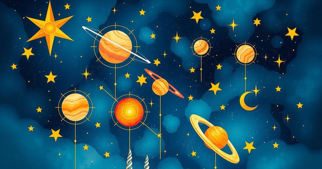 Celestial alignment with stars and astrological signs, bright cosmic colours symbolising inspiration and potential.