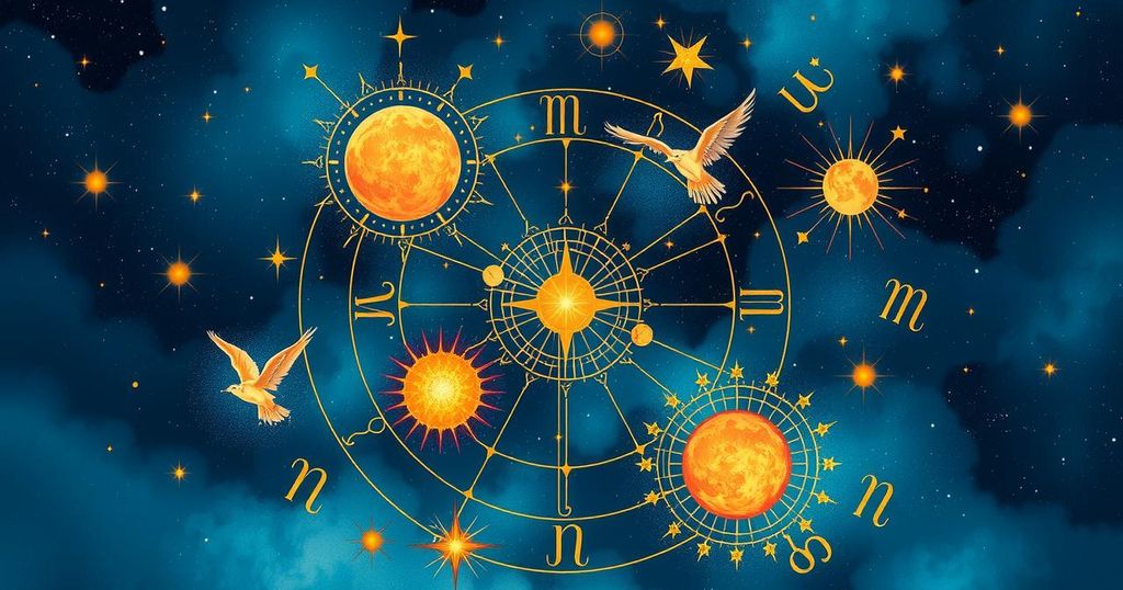A celestial themed illustration of zodiac signs and planets in a starry night sky, symbolising love and relationships.