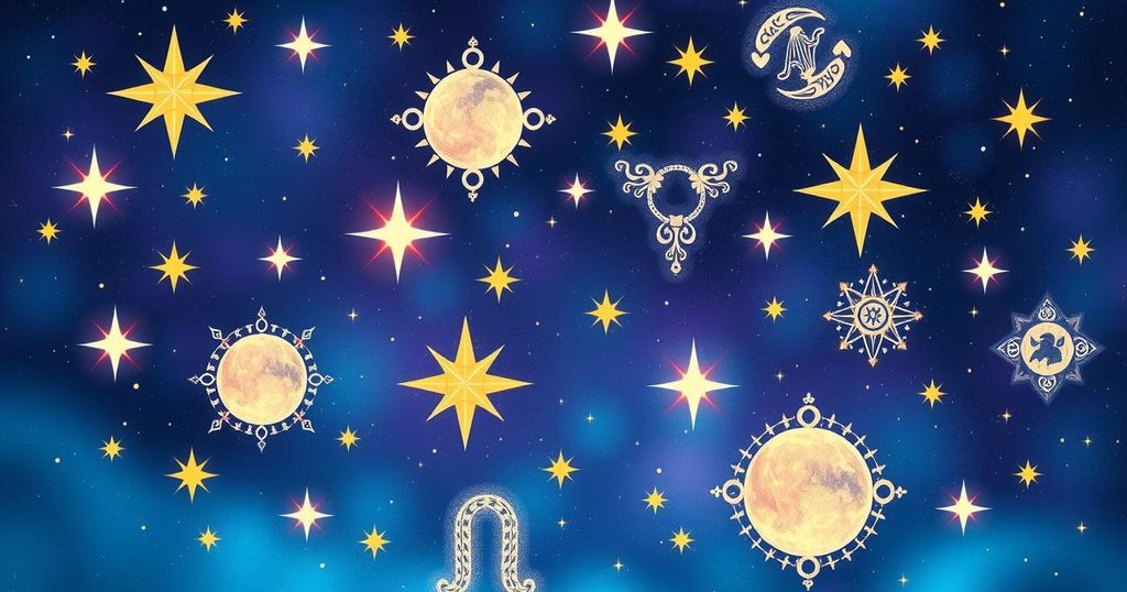 A vibrant celestial scene with stars and zodiac symbols to represent daily horoscopes and astrology.