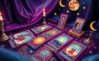 Tarot cards spread with cosmic symbols in a mystical setting, featuring a vibrant colour palette and fantasy style.