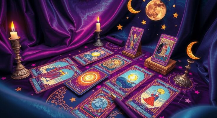 Tarot cards spread with cosmic symbols in a mystical setting, featuring a vibrant colour palette and fantasy style.