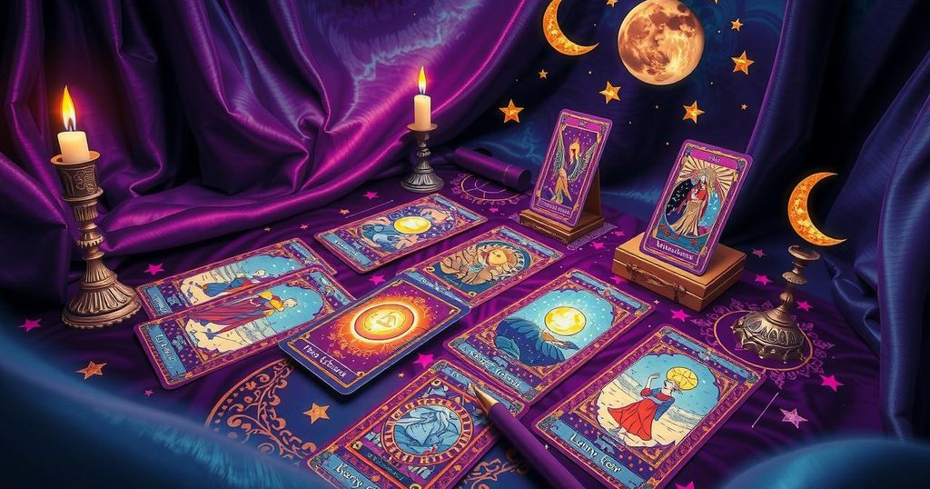 Tarot cards spread with cosmic symbols in a mystical setting, featuring a vibrant colour palette and fantasy style.