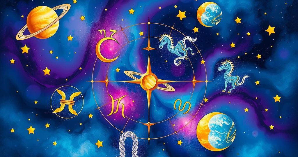Astrological symbols representing zodiac signs with celestial elements in a vibrant cosmic background.