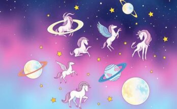 Celestial scene of zodiac signs intertwined with stars and soft planetary hues, capturing themes of love and growth.
