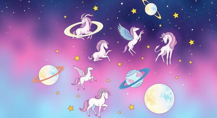 Celestial scene of zodiac signs intertwined with stars and soft planetary hues, capturing themes of love and growth.
