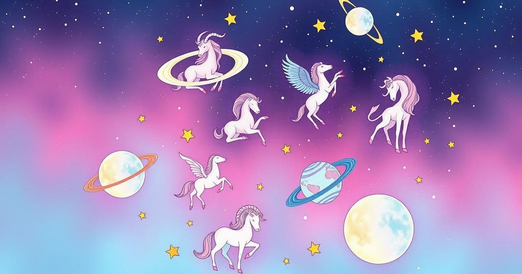 Celestial scene of zodiac signs intertwined with stars and soft planetary hues, capturing themes of love and growth.