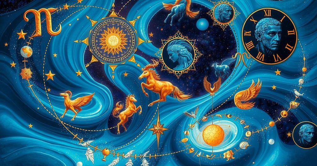 Astrological symbols representing zodiac signs in a cosmic theme with vibrant swirling colours