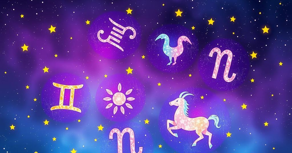 Astrological symbols and elements representing zodiac signs on a vibrant cosmic background.