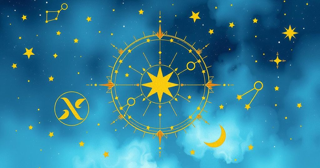 Astrological symbols and constellations with a celestial background in soft blue and gold hues, representing horoscopes.