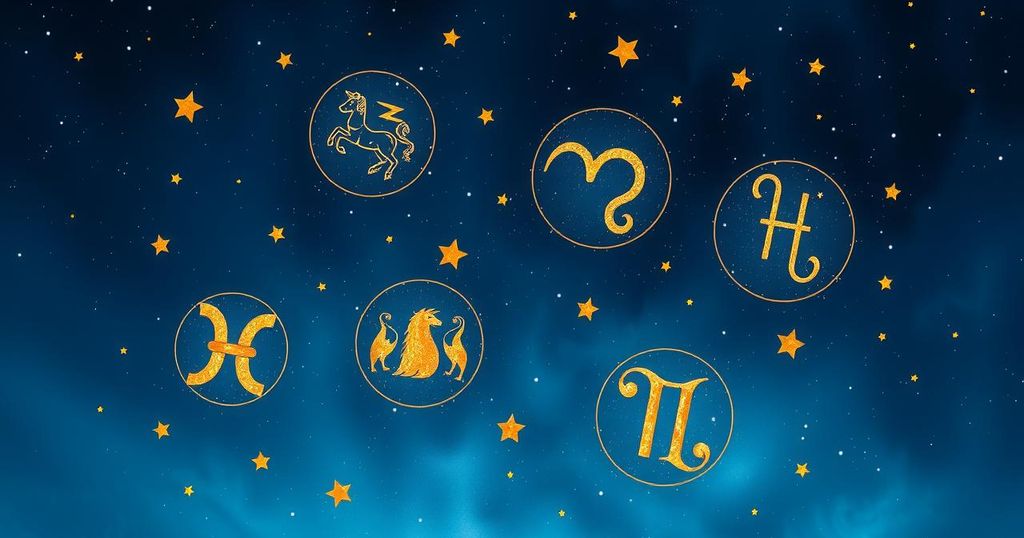Astrological themes with zodiac symbols against a celestial background in deep blue and gold tones.