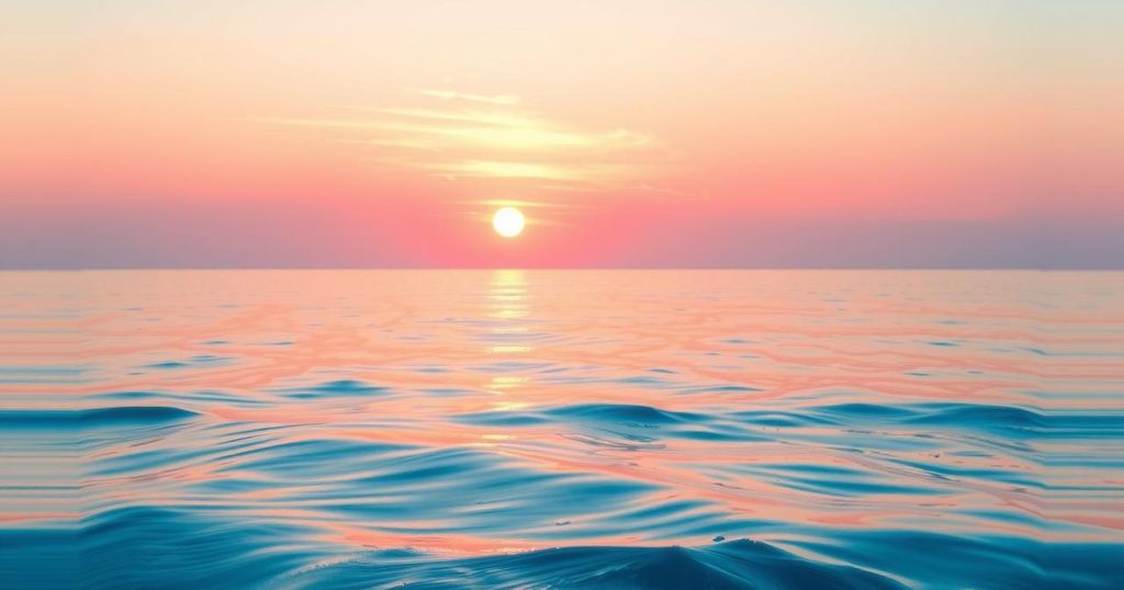 A serene scene with a calm ocean view at sunset, featuring soft light pink hues reflecting on the water.