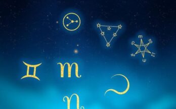 Astrological symbols with a serene background of stars and constellations in deep blue and gold hues.