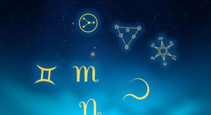 Astrological symbols with a serene background of stars and constellations in deep blue and gold hues.