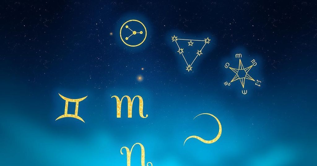 Astrological symbols with a serene background of stars and constellations in deep blue and gold hues.